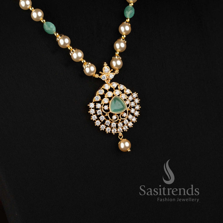 Detailed Micro Gold Plated AD CZ Medallion Pendant with Pearl Chain and Matching Earrings - Sasitrends