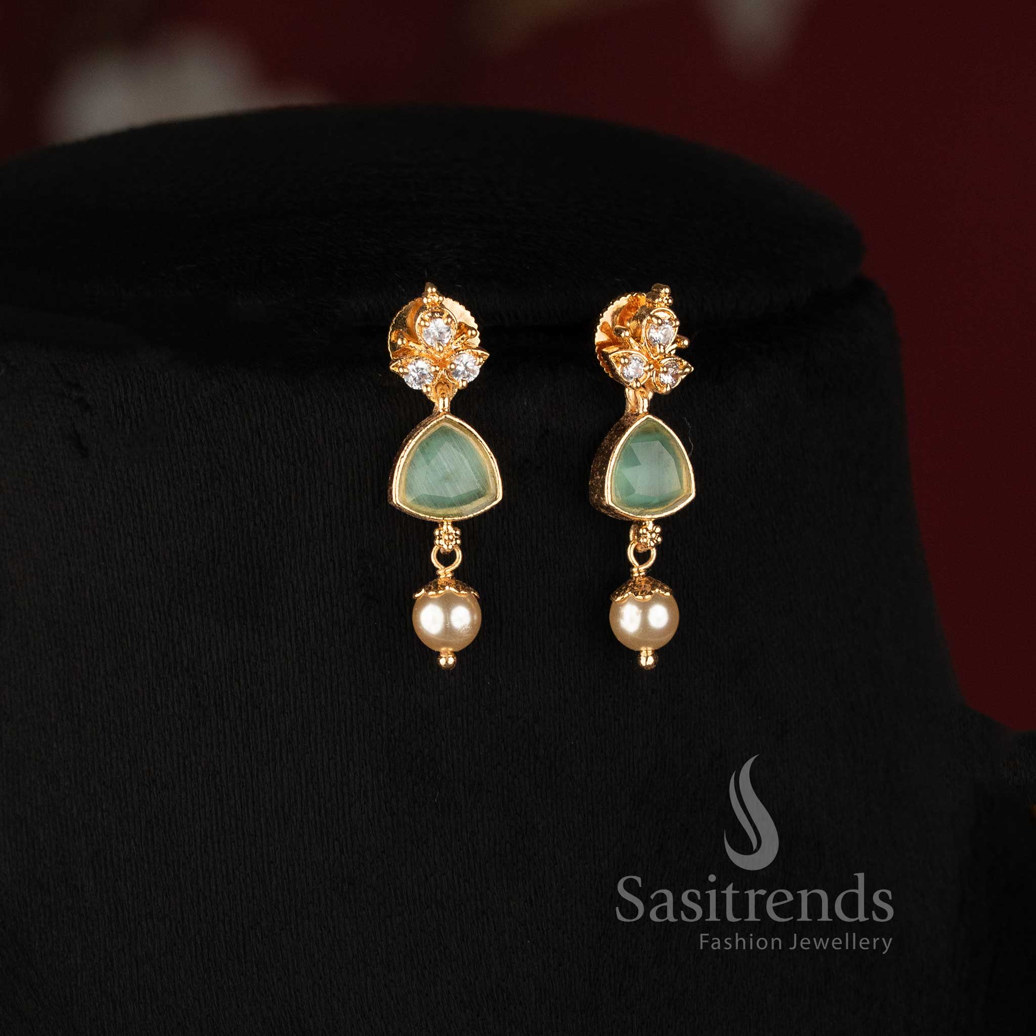 Traditional One Gram Micro Gold Plated Pearl Mala Necklace with American Diamond Medallion Pendant - Sasitrends
