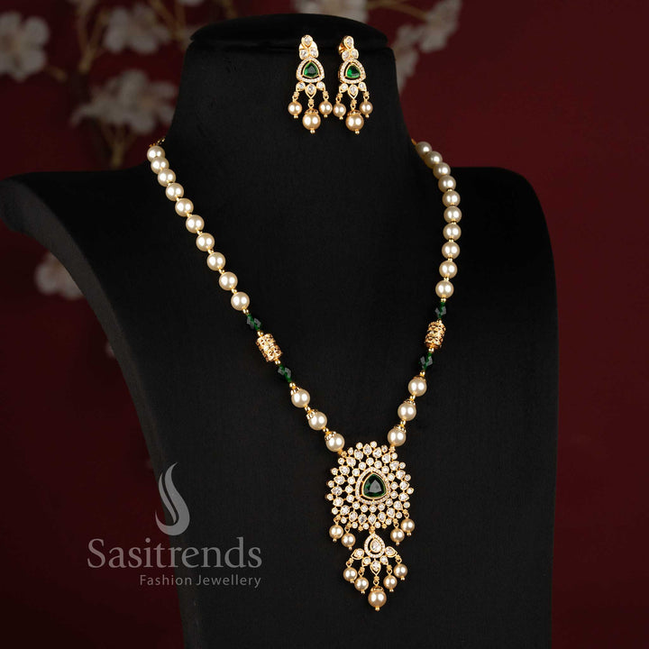 Traditional Micro Gold Plated Pearl Mala Necklace with Elaborate American Diamond CZ Medallion Pendant & Pearl Drops