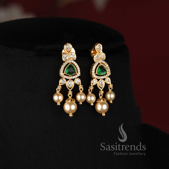 Traditional One Gram Micro Gold Plated Pearl Mala Necklace with AD CZ Medallion Pendant - Sasitrends