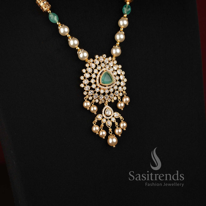 Traditional One Gram Micro Gold Plated Pearl Mala Necklace with AD CZ Medallion Pendant - Sasitrends