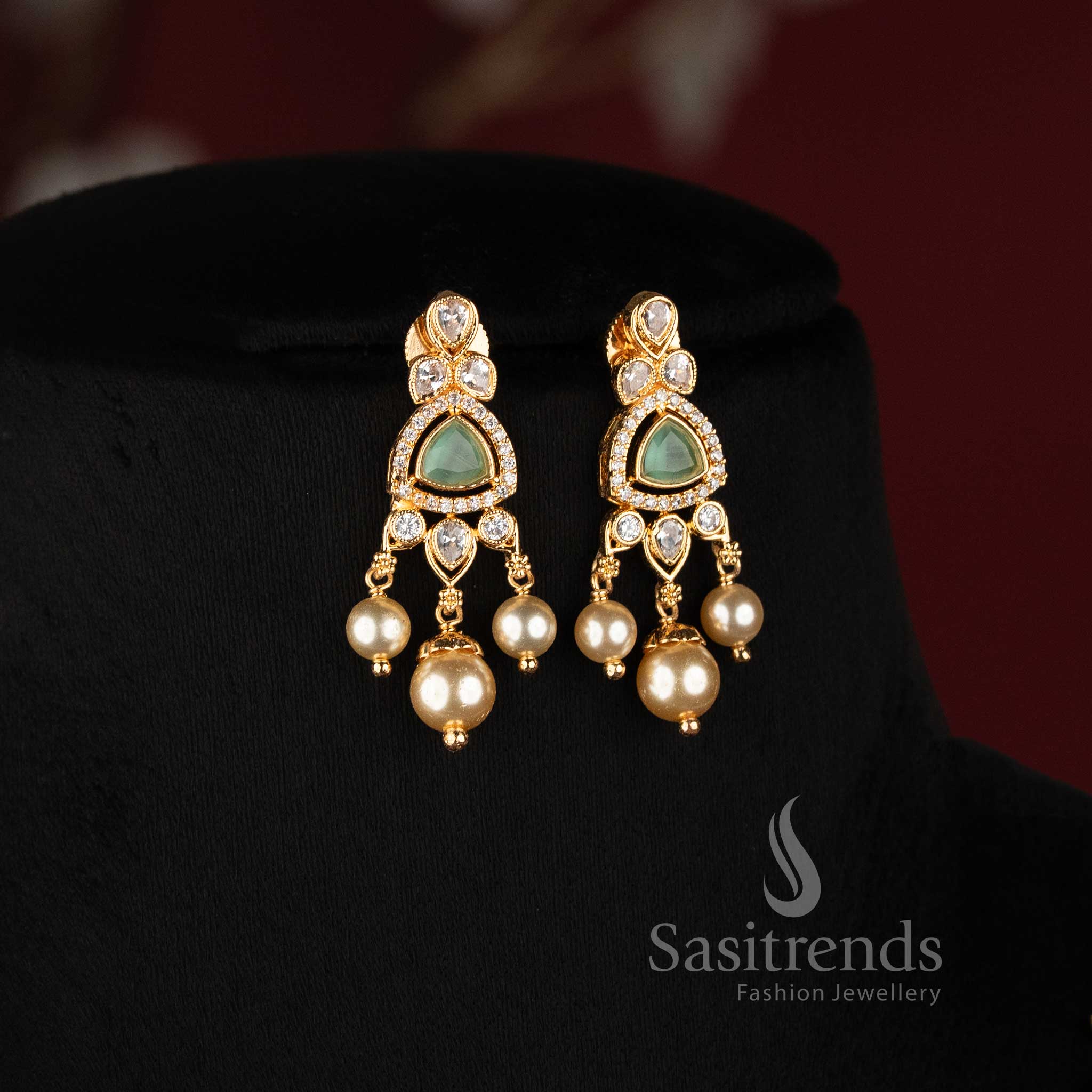 Traditional One Gram Micro Gold Plated Pearl Mala Necklace with AD CZ Medallion Pendant - Sasitrends