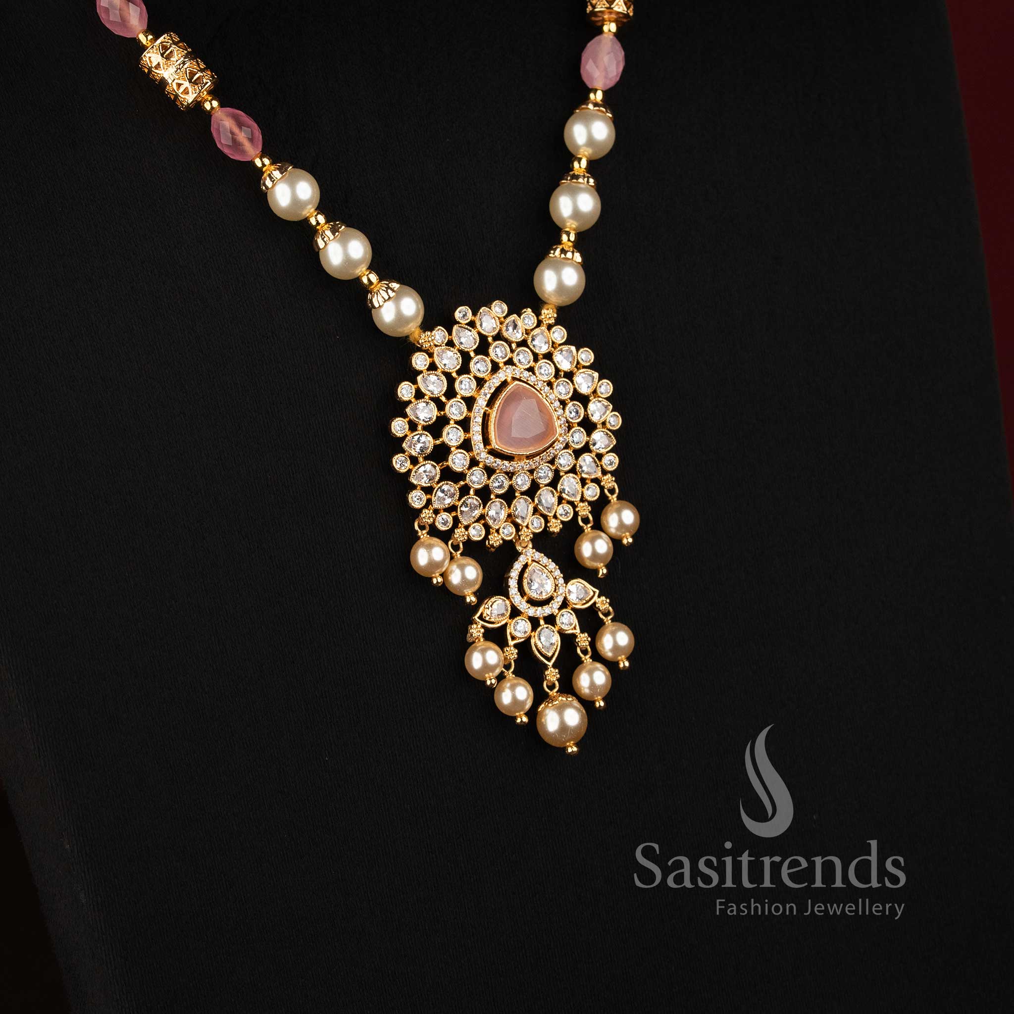 Traditional One Gram Micro Gold Plated Pearl Mala Necklace with AD CZ Medallion Pendant - Sasitrends
