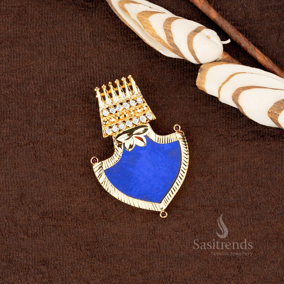Magnificent South Indian one gram gold plated big Palakka pendant featuring a deep ocean blue stone, beautifully set with two-line glittering AD stones, enhancing any bridal or festive ensemble - Sasitrends