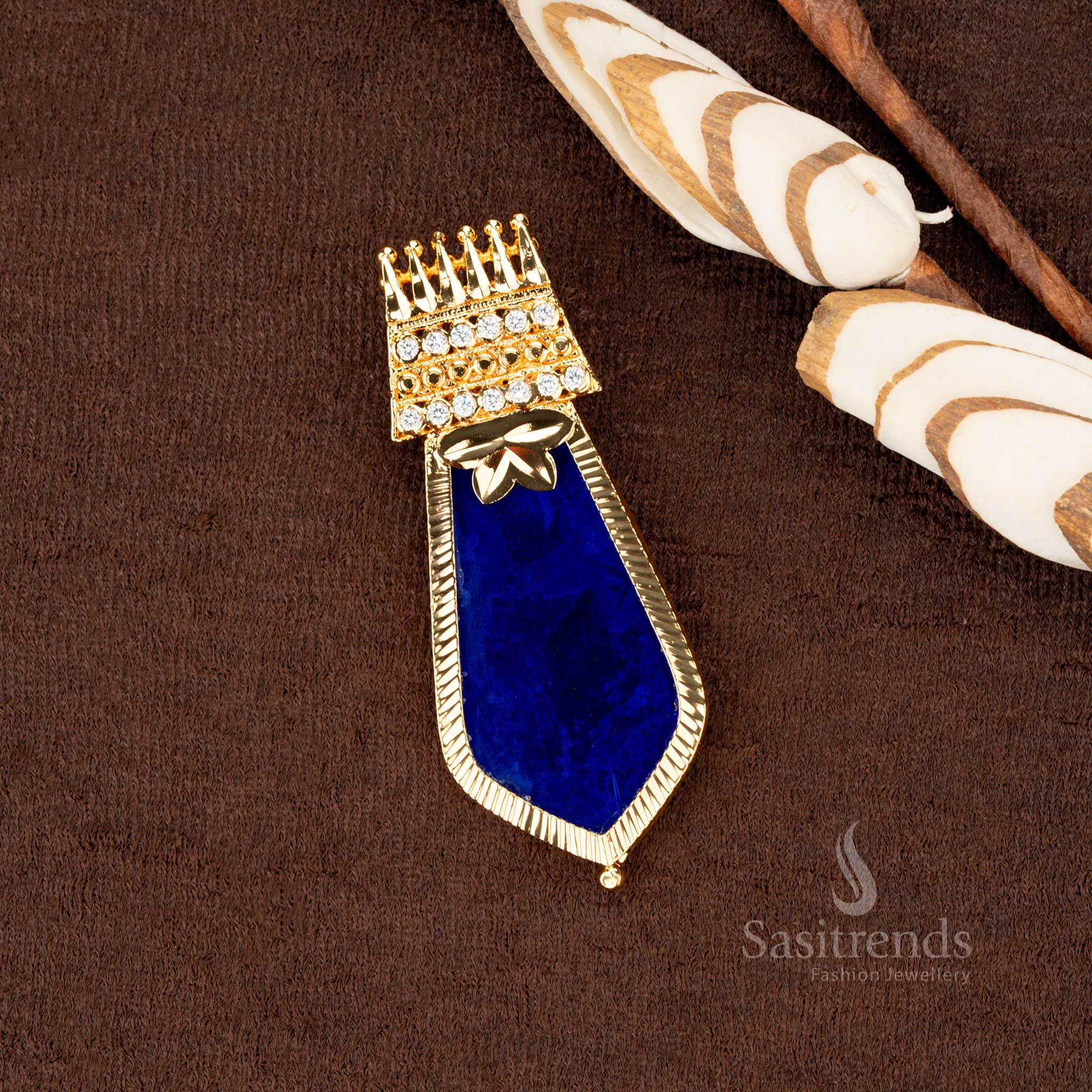 Grand Kerala-style one gram gold plated big Nagapadam pendant in an elegant  blue shade, enriched with two-line glittering AD stone - Sasitrends