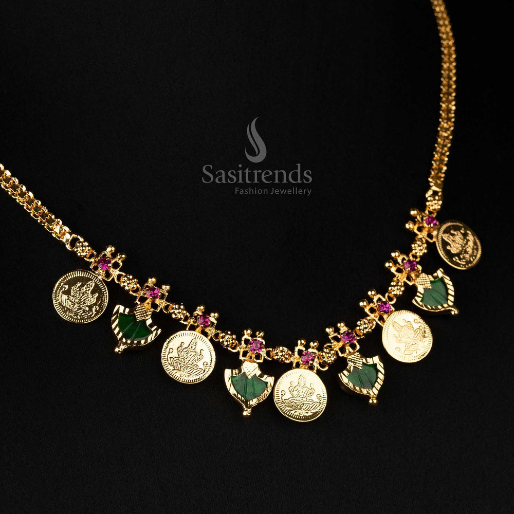 One gram micro gold plated Lakshmi Kasu necklace with Katta Palakka pendants and AD stones, guaranteed real gold look – Sasitrends