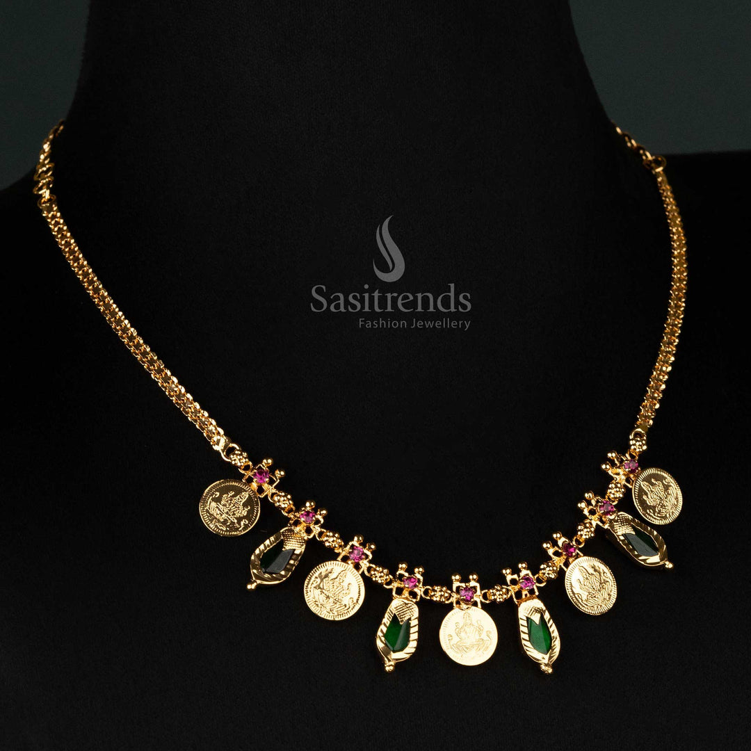 Elegant Kerala-style Lakshmi Kasu Palakka necklace, designed with 5 divine coins and AD stones – Sasitrends
