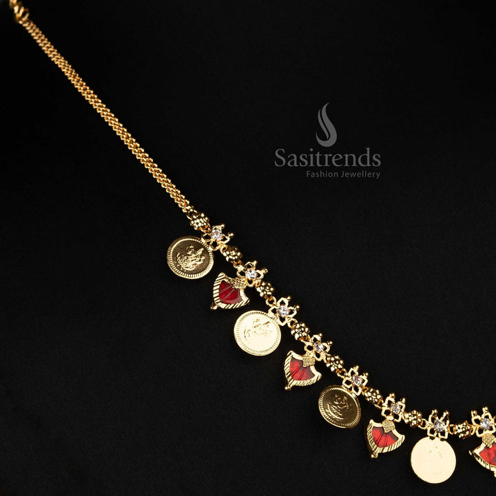 Kerala-style one gram micro gold plated 8 Lakshmi coin with 7 Katta Palakka necklace, traditional festive wear jewellery in ruby red shade - Sasitrends