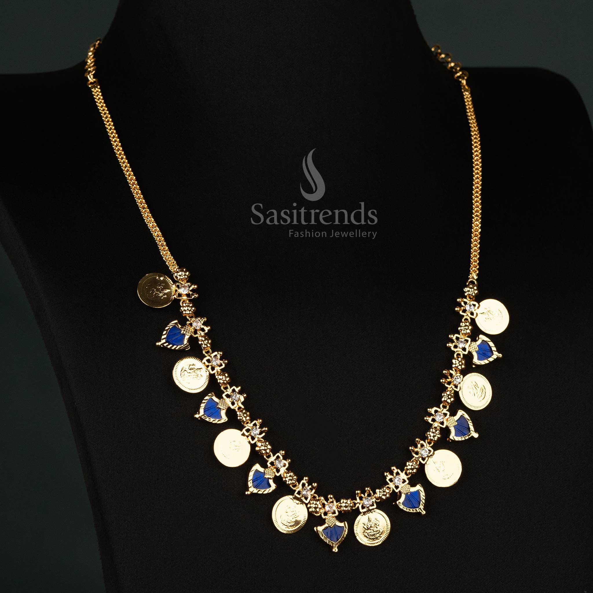 Kerala-style one gram micro gold plated 8 Lakshmi coin with 7 Katta Palakka necklace, traditional festive wear jewellery in sapphire blue - Sasitrends