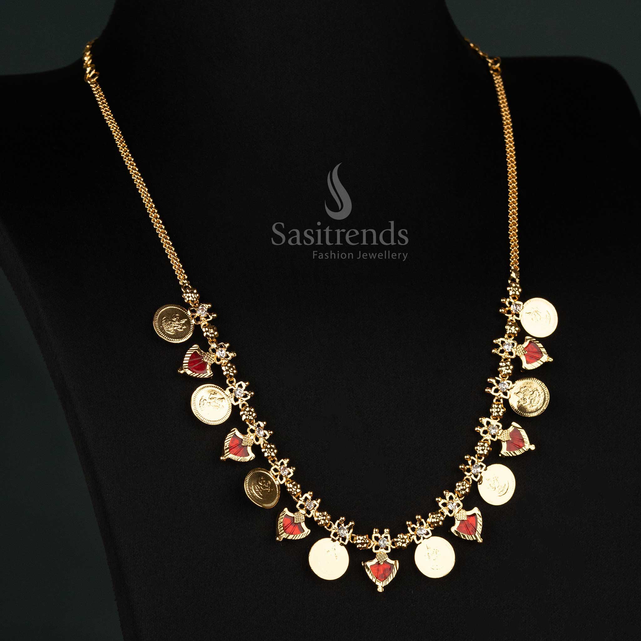 Authentic Kerala-style one gram gold plated 8 Lakshmi coin Palakka necklace, a traditional design with garnet red embellishments - Sasitrends