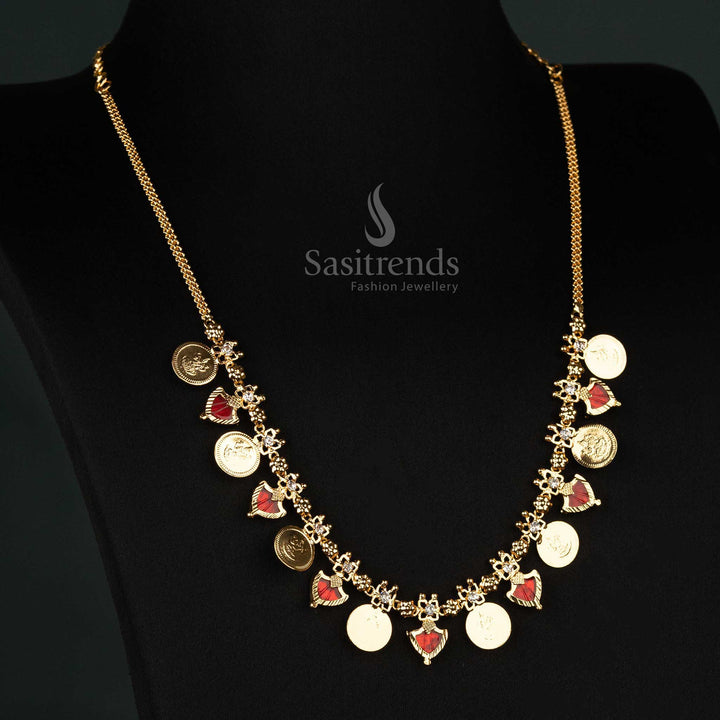 Authentic Kerala-style one gram gold plated 8 Lakshmi coin Palakka necklace, a traditional design with garnet red embellishments - Sasitrends