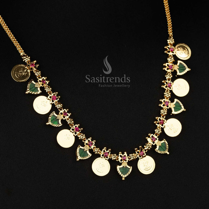 Traditional Kerala one gram gold plated 8 Lakshmi coin 7 Katta Palakka necklace with bottle green stones, perfect for cultural events - Sasitrends