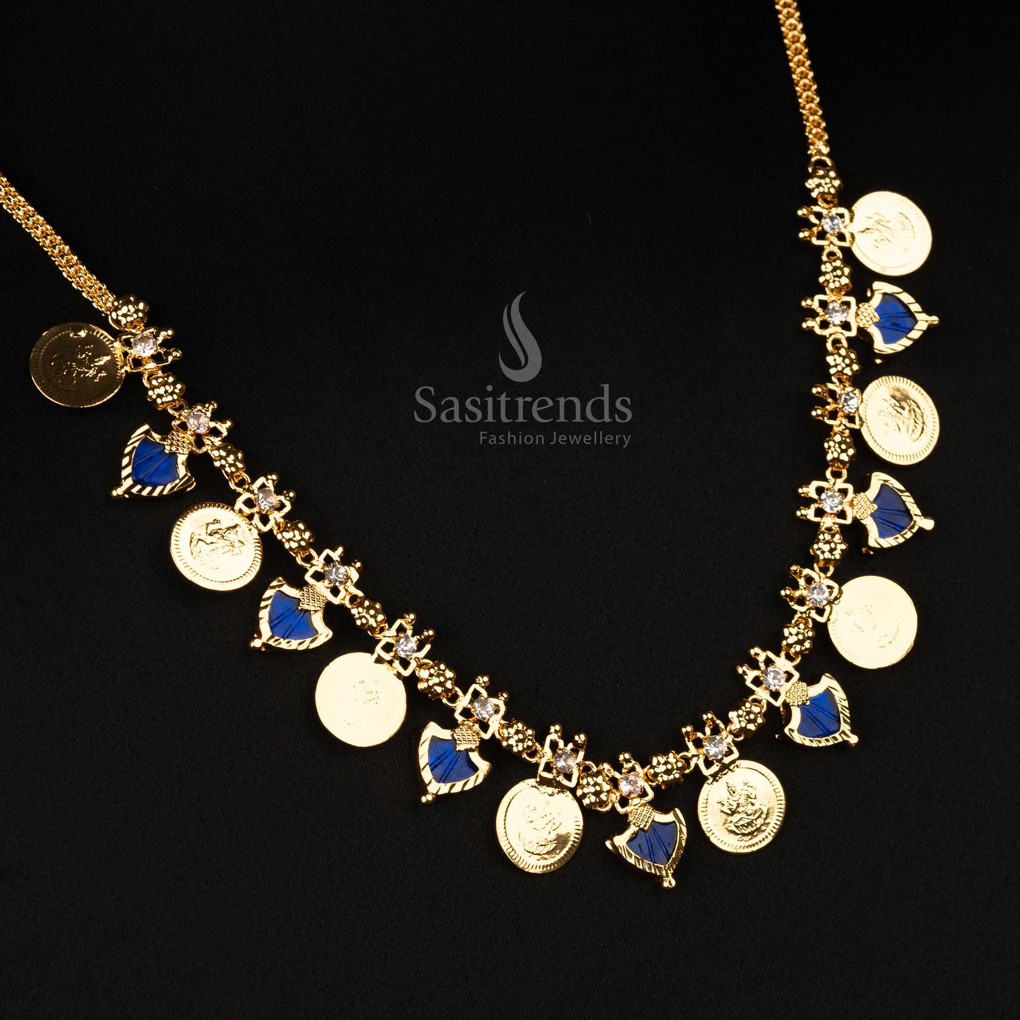 Kerala festive one gram micro gold plated 8 Lakshmi coin Palakka necklace featuring deep navy blue stones for an elegant look - Sasitrends