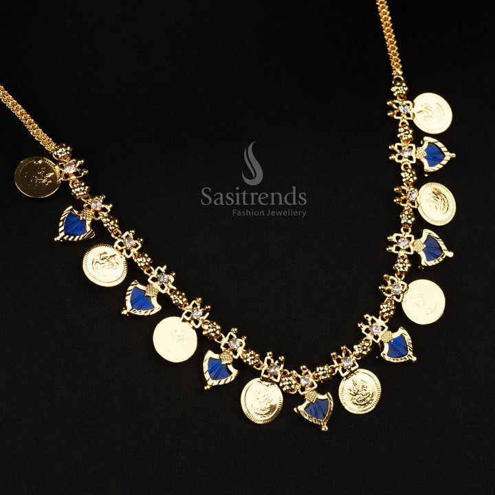 Kerala festive one gram micro gold plated 8 Lakshmi coin Palakka necklace featuring deep navy blue stones for an elegant look - Sasitrends