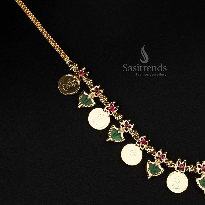 Kerala festive one gram micro gold plated 8 Lakshmi coin Palakka necklace featuring deep jade green stones for a striking look - Sasitrends