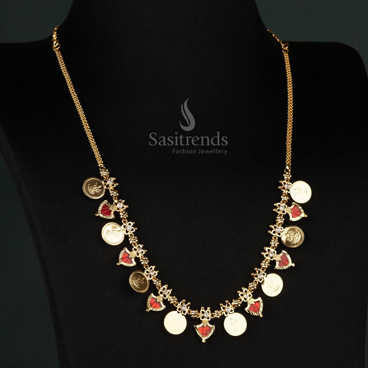  one gram gold plated 8 Lakshmi coin 7 Katta Palakka necklace with bottle red stones, perfect for cultural events - Sasitrends