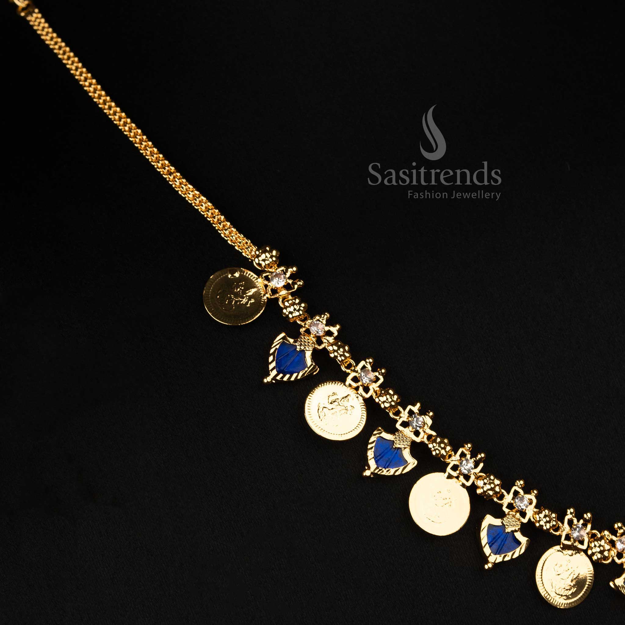 Traditional Kerala one gram gold plated 8 Lakshmi coin 7 Katta Palakka necklace with royal blue stones, perfect for cultural events - Sasitrends