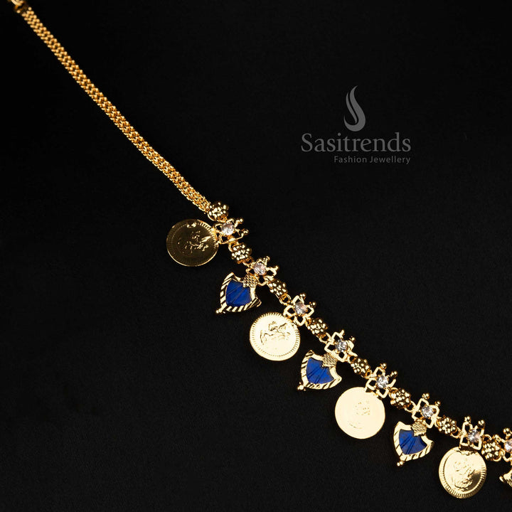 Traditional Kerala one gram gold plated 8 Lakshmi coin 7 Katta Palakka necklace with royal blue stones, perfect for cultural events - Sasitrends