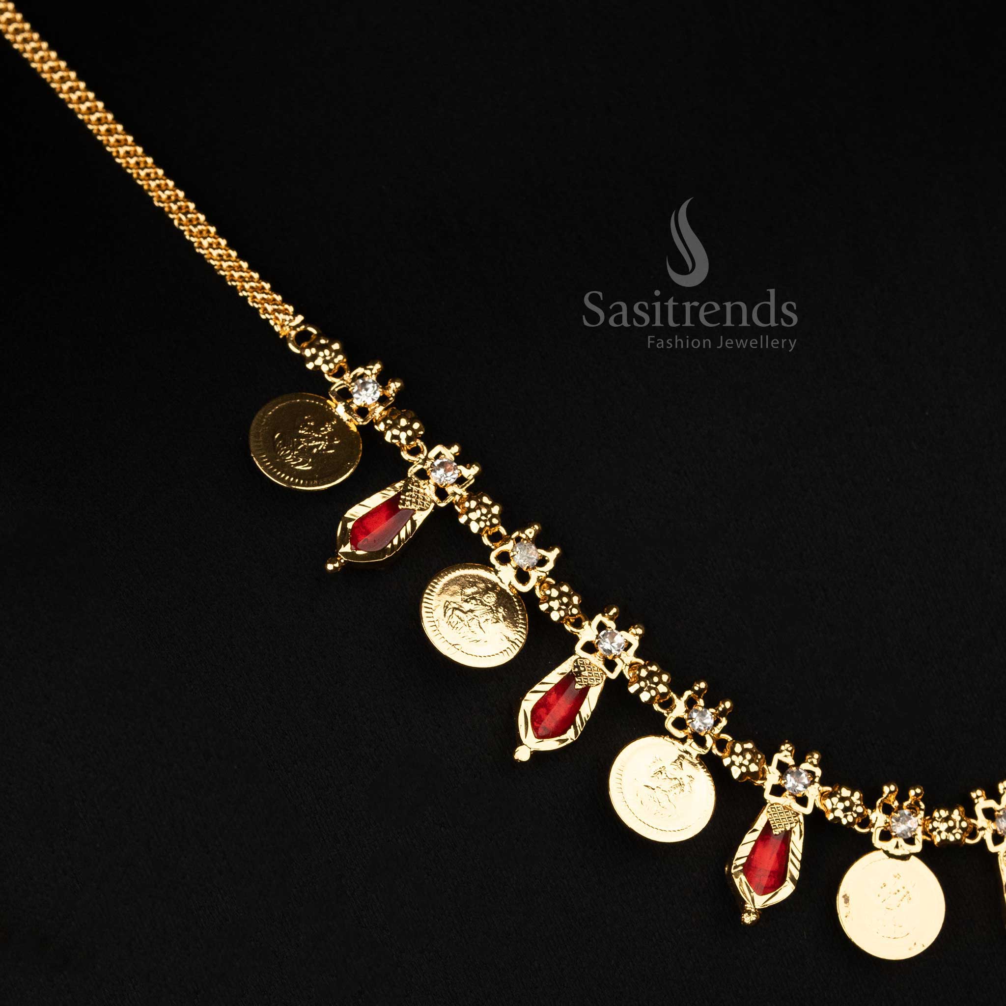 Traditional Kerala one gram micro gold plated 8 Lakshmi coin with 7 Katta Nagapadam necklace in deep scarlet red, perfect for festive wear - Sasitrends