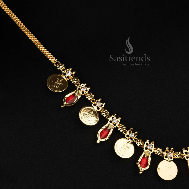 Traditional Kerala one gram micro gold plated 8 Lakshmi coin with 7 Katta Nagapadam necklace in deep scarlet red, perfect for festive wear - Sasitrends