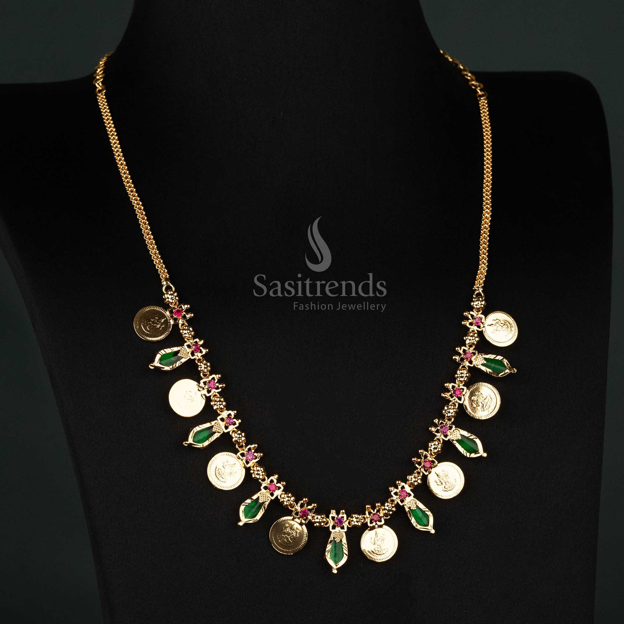 festive one gram gold plated 8 Lakshmi coin with 7 Katta Nagapadam necklace in opulent jade green, ideal for festive celebrations - Sasitrends