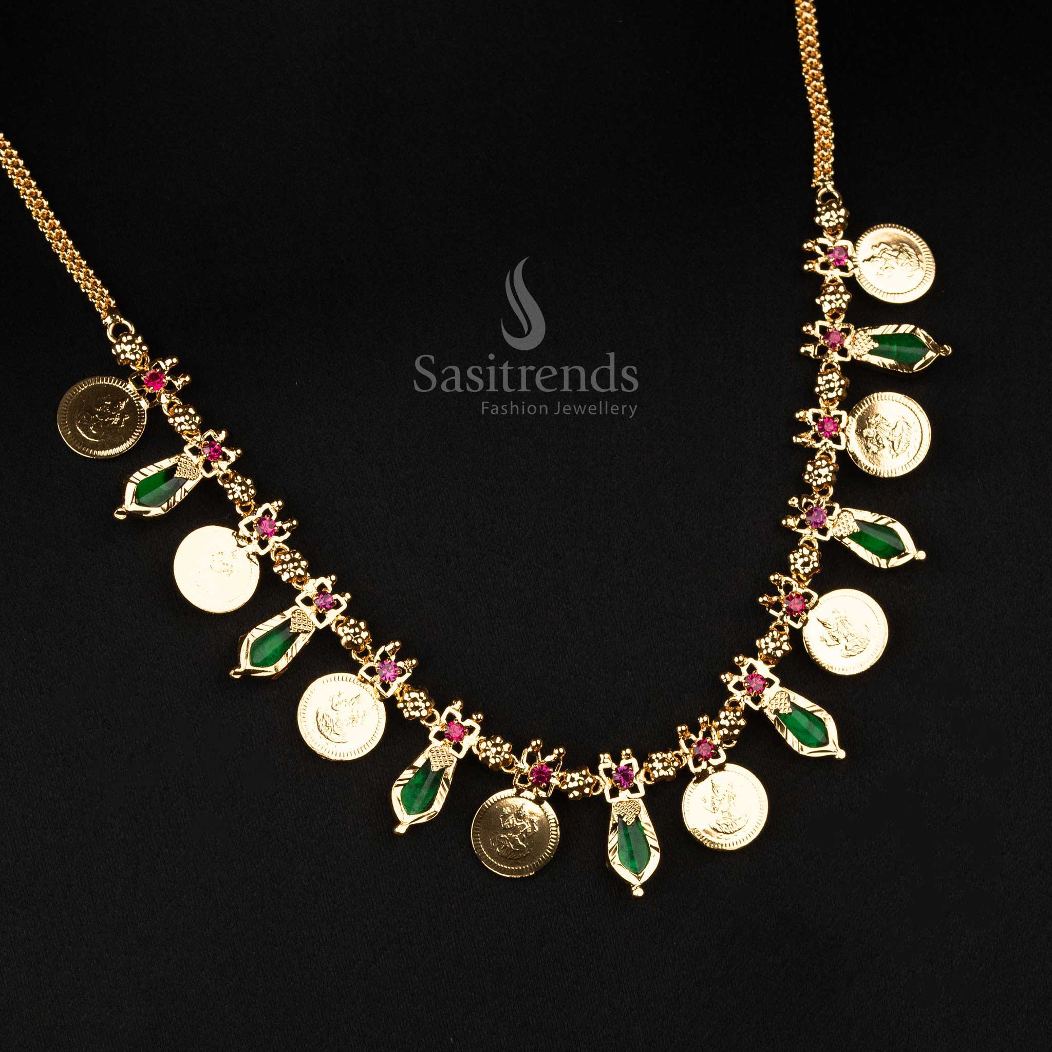 Graceful Kerala one gram gold plated 8 Lakshmi coin with 7 Katta Nagapadam necklace, featuring glowing olive green accents for an elegant touch - Sasitrends