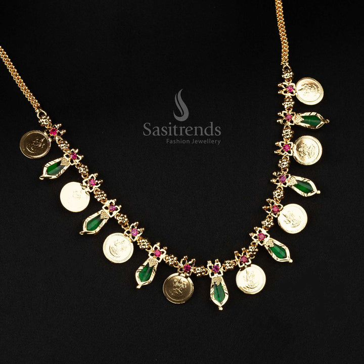 Graceful Kerala one gram gold plated 8 Lakshmi coin with 7 Katta Nagapadam necklace, featuring glowing olive green accents for an elegant touch - Sasitrends