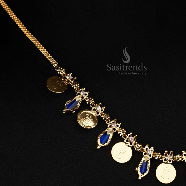 Regal Kerala one gram gold plated 8 Lakshmi coin with 7 Katta Nagapadam necklace in serene sapphire blue, perfect for traditional wear - Sasitrends