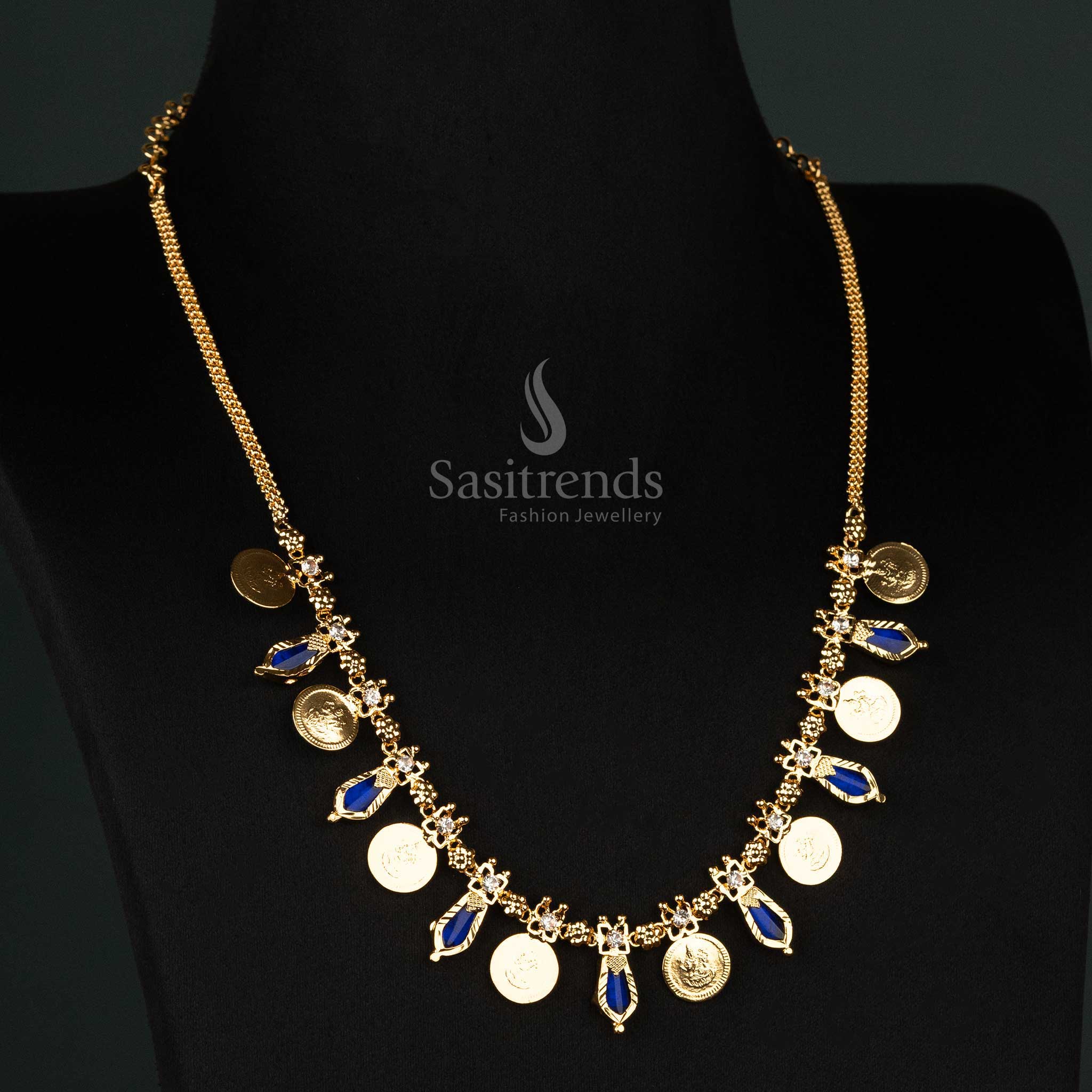 Majestic Kerala one gram gold plated 8 Lakshmi coin with 7 Katta Nagapadam necklace, featuring tranquil turquoise blue stones for an exquisite look - Sasitrends