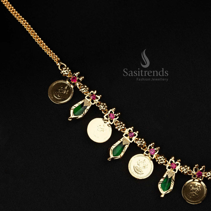 Kerala festive one gram gold plated 8 Lakshmi coin with 7 Katta Nagapadam necklace in opulent jade green, ideal for festive celebrations - Sasitrends