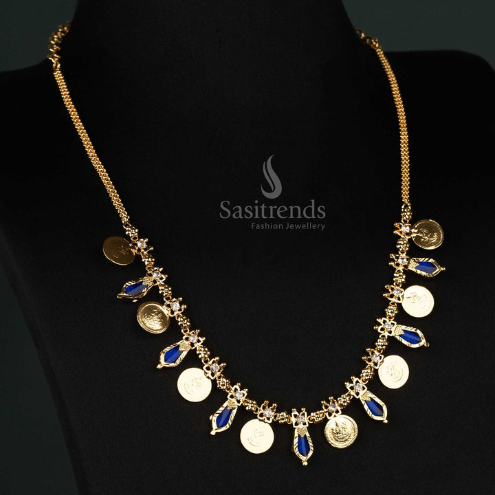 Kerala traditional one gram gold plated 8 Lakshmi coin with 7 Katta Nagapadam necklace, enhanced by classic royal blue stones - Sasitrends