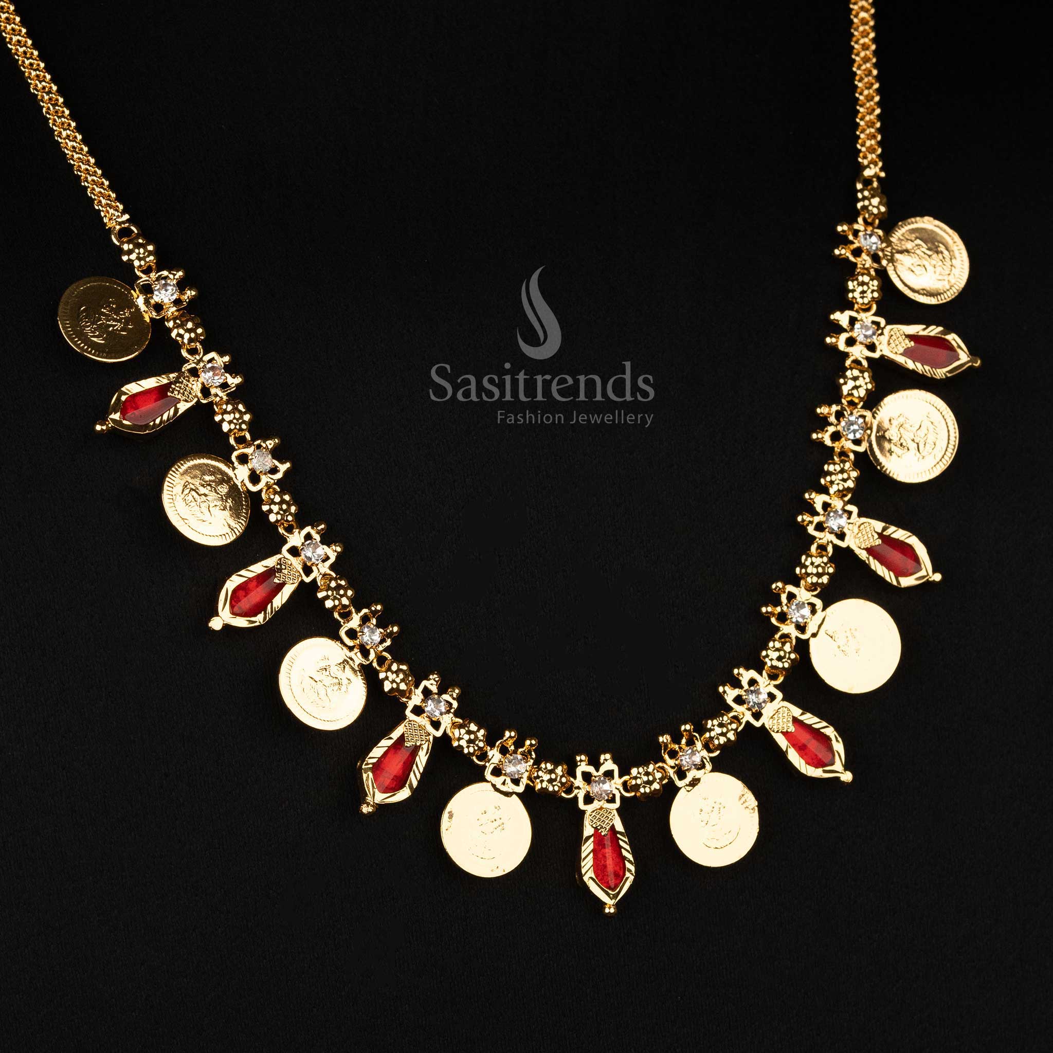 Elegant Kerala-style 8 Lakshmi coin gold plated with 7 Katta Nagapadam necklace in passionate red, ideal for festive occasions - Sasitrends