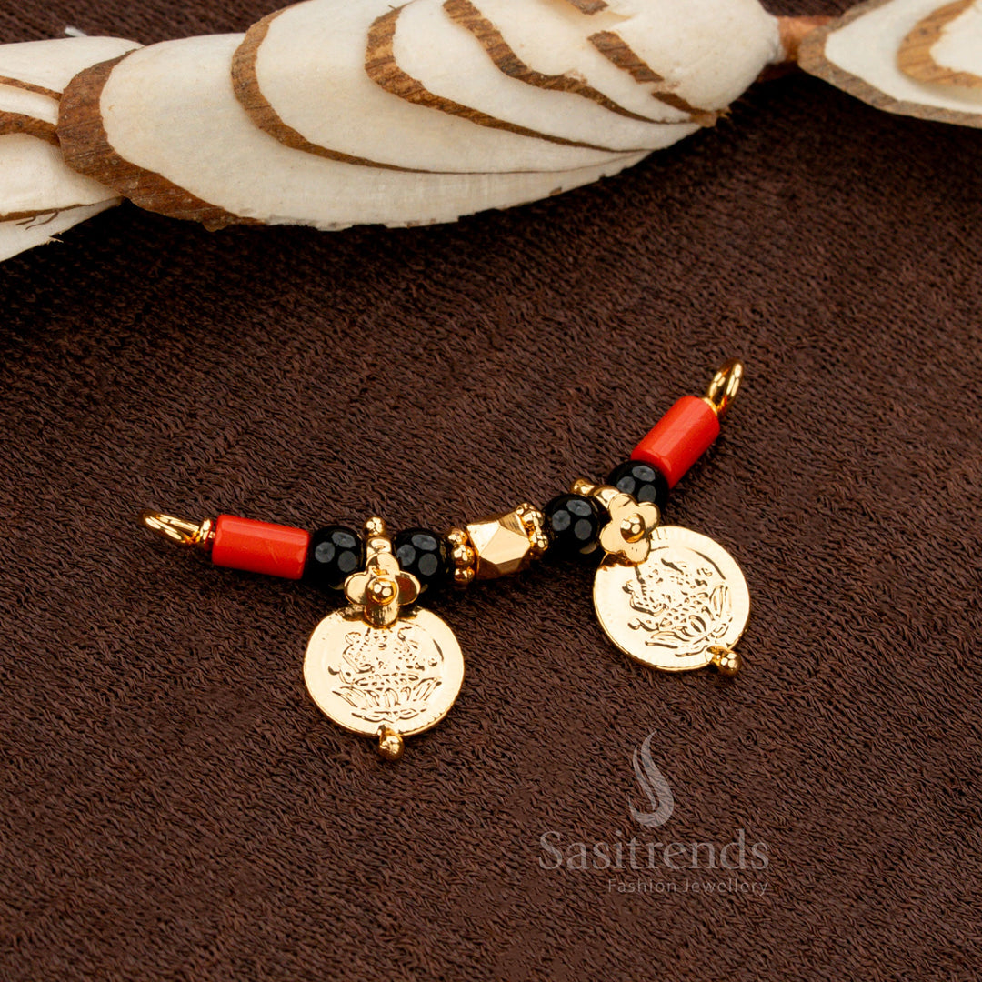 Micro Gold Plated Double Lakshmi Coin Pendant with Coral and Black Beads - Sasitrends