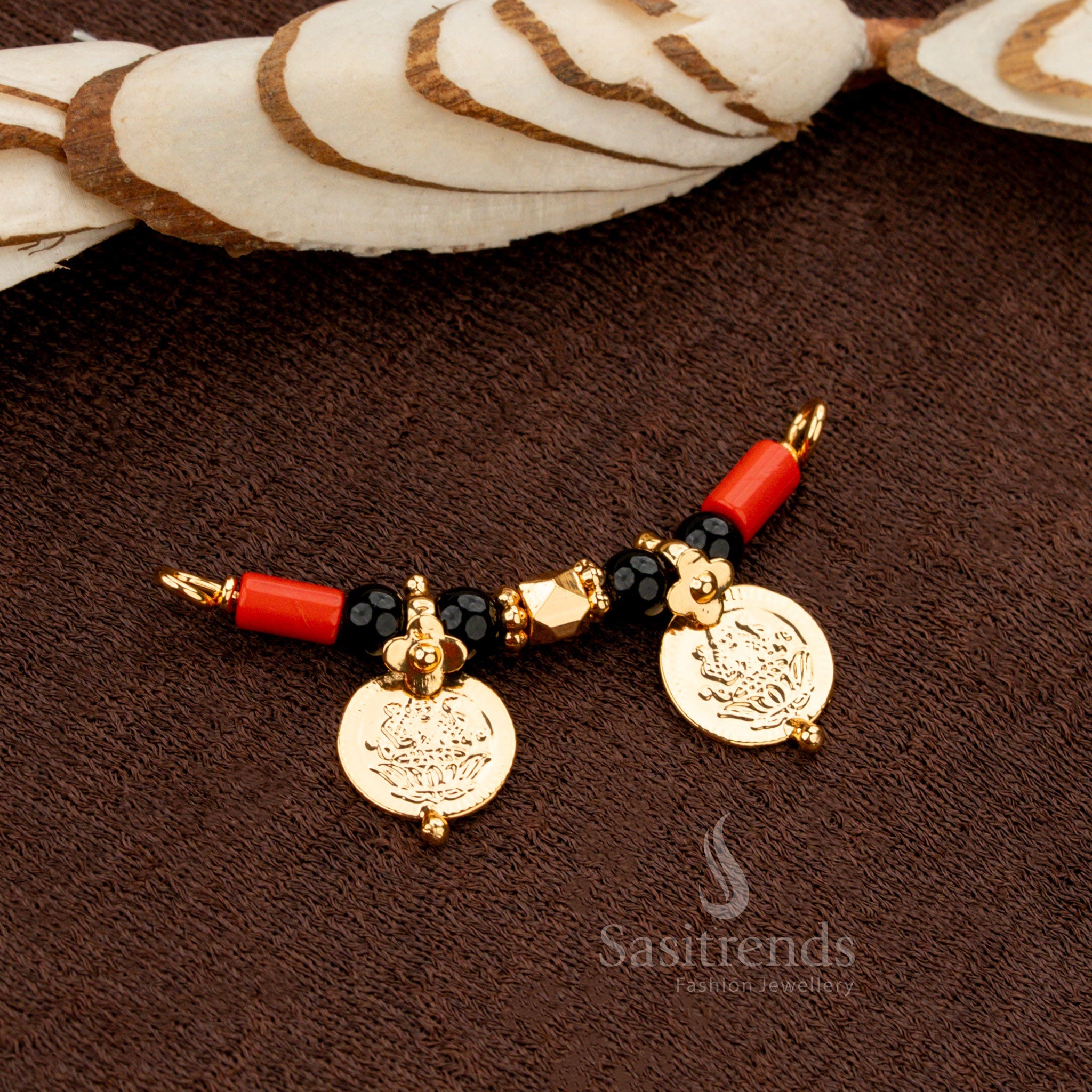 Micro Gold Plated Double Lakshmi Coin Pendant with Coral and Black Beads - Sasitrends
