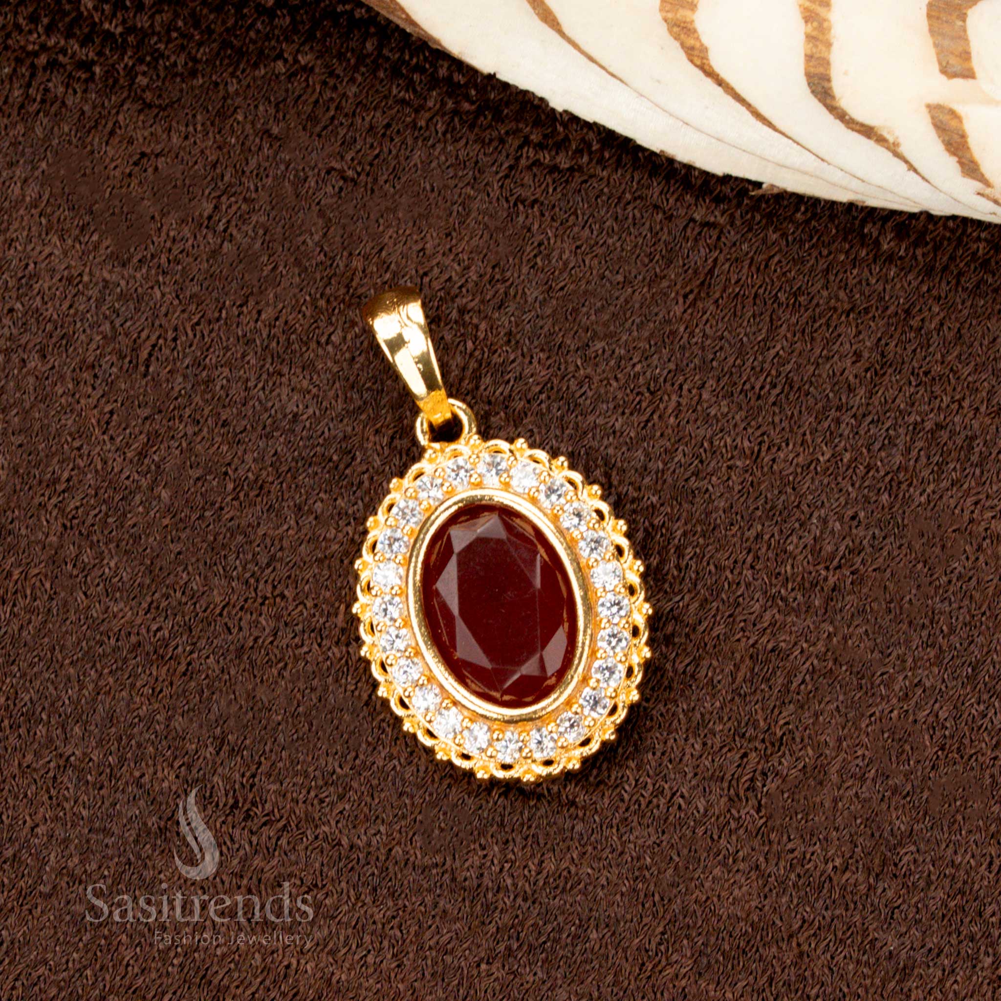 Elegant Ruby Oval Stone Dollar Pendant with Shiny AD Stones in One Gram Micro Gold Jewellery – Guaranteed Finish South Indian Style - Sasitrends