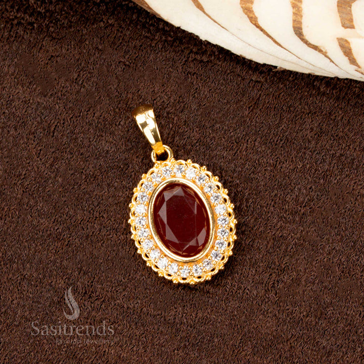 Elegant Ruby Oval Stone Dollar Pendant with Shiny AD Stones in One Gram Micro Gold Jewellery – Guaranteed Finish South Indian Style - Sasitrends