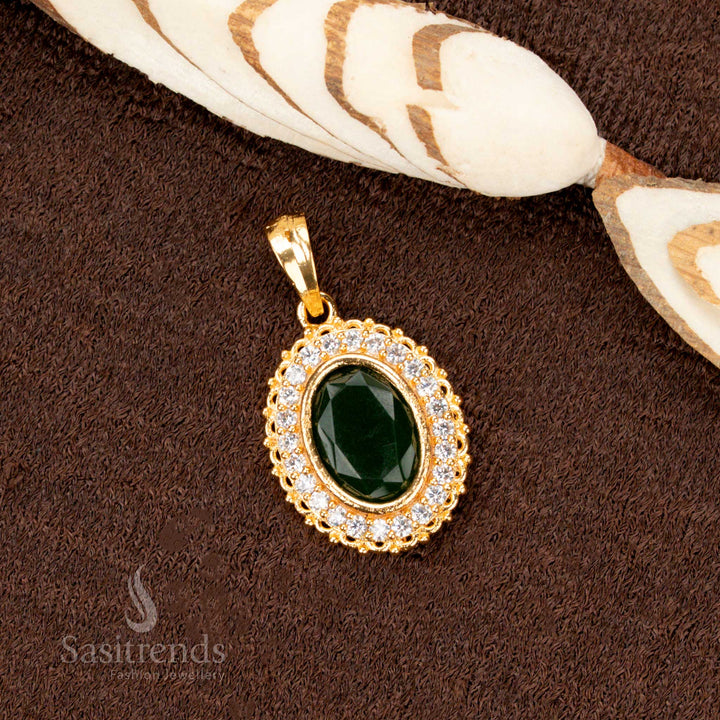 Green Oval Pendant Dollar with Brilliant American Diamond Stones in One Gram Micro Gold Jewellery – Kerala Style Guaranteed Finish for Ethnic Occasions - Sasitrends