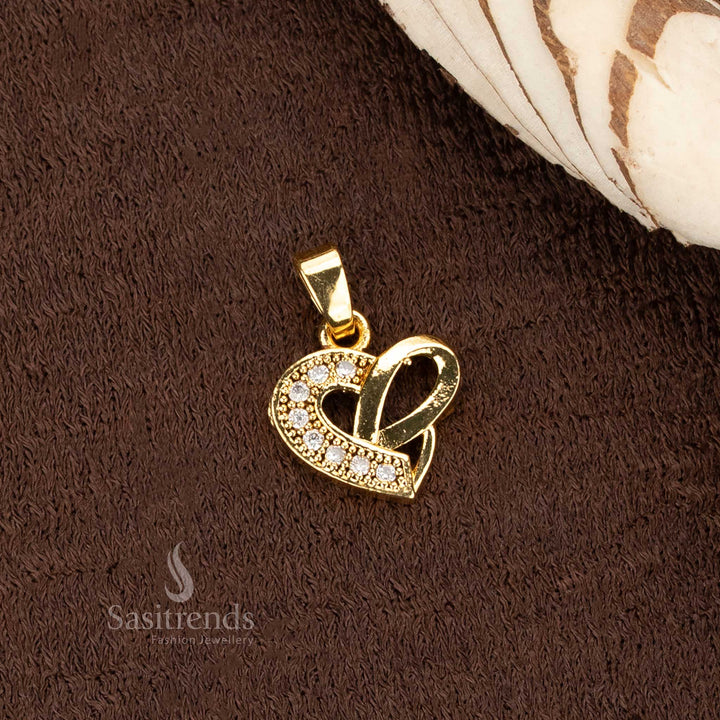 Beautiful Micro Gold Plated AD Stone Heart Ribbon Pendant Dollar – Romantic Gold Look with Real Shine - Sasitrends