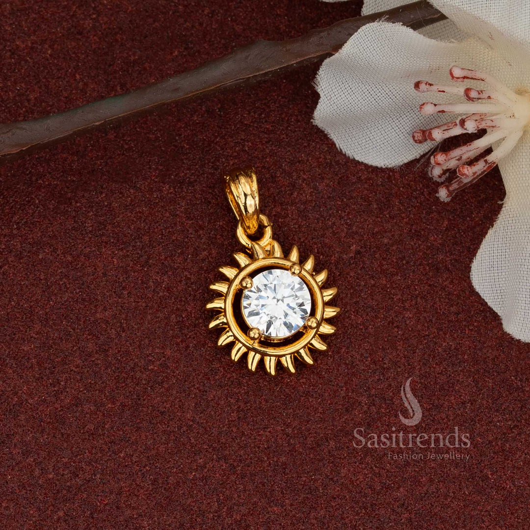 A single sun-shaped AD stone pendant, micro gold plated to look like real gold, highlighting its radiating rays and elegant product structure.