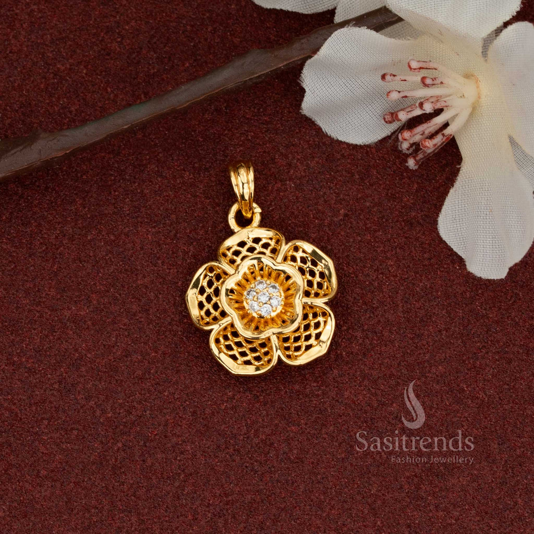 A single floral-shaped AD stone pendant, micro gold plated to look like real gold, highlighting its open-work petals and elegant product structure.