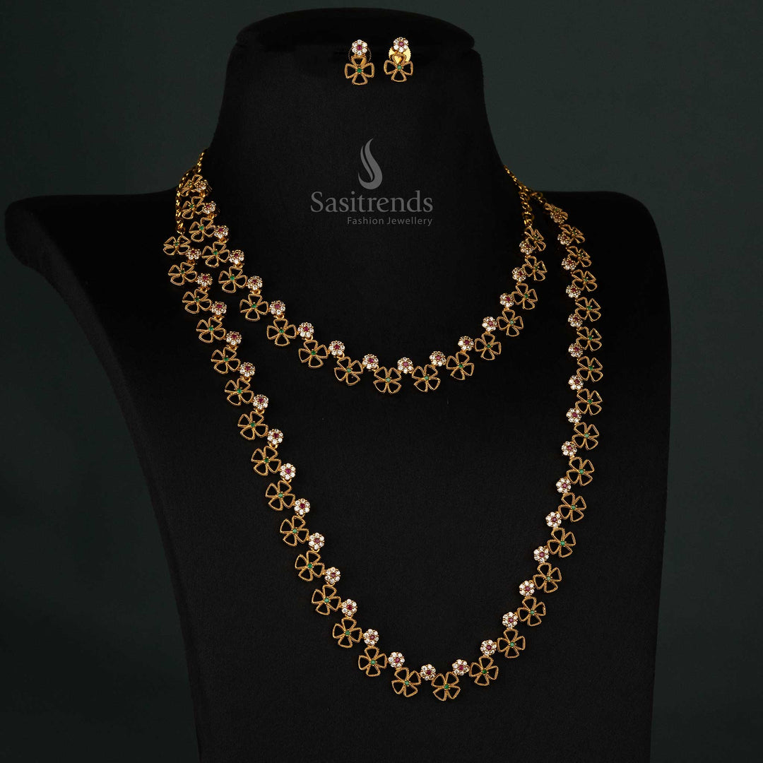Wonderful Floral Clover Design Matte Gold Plated Long Short Necklace  Jewellery Set with Intricate AD Stone Detailing Sasitrends