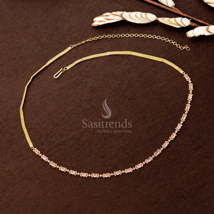 Charming pink American diamond gold-plated hip belt featuring sparkling stones, a delicate single-line design, and timeless elegance—perfect for traditional sarees and festive styling - Sasitrends