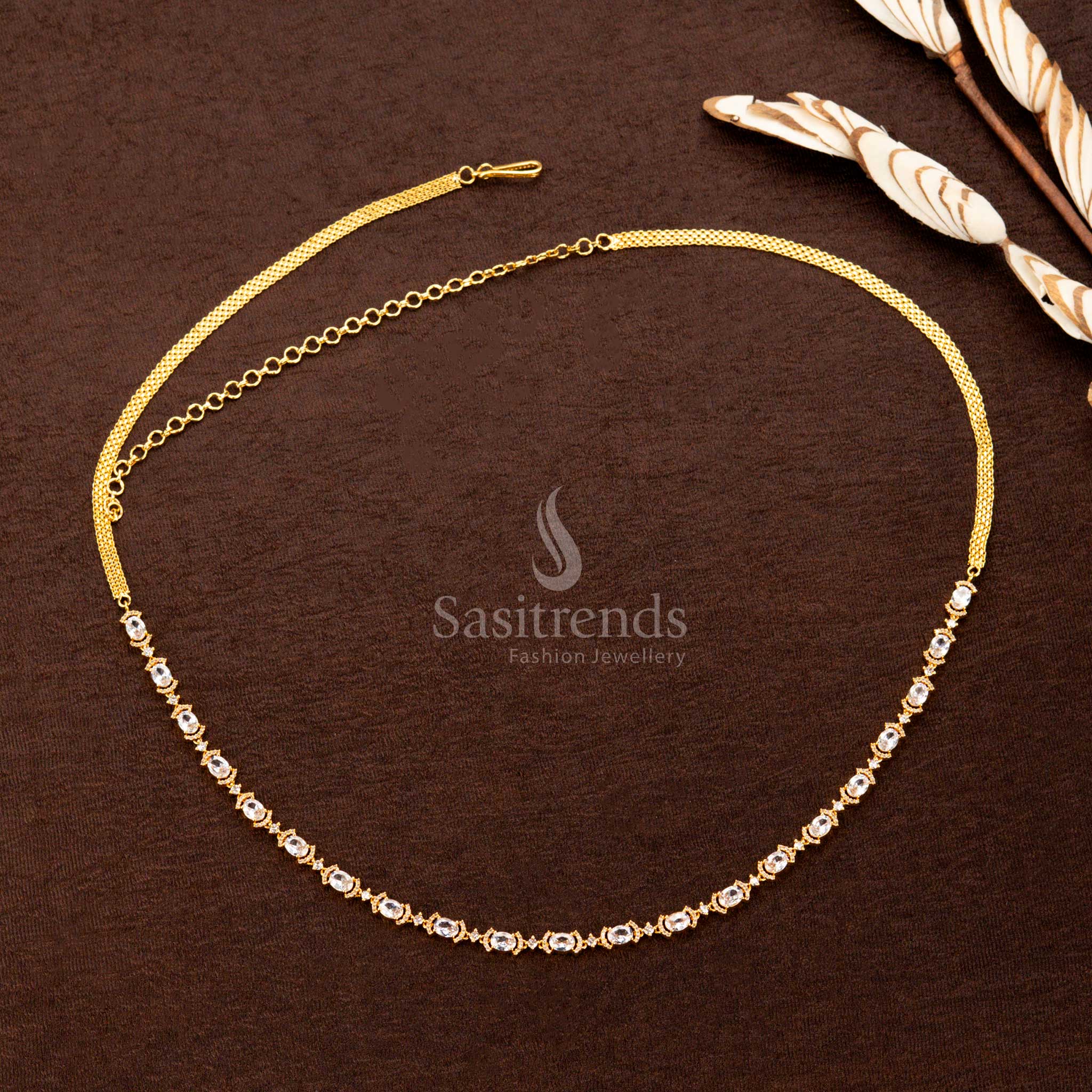 Timeless white American diamond gold-plated hip belt with brilliant stones, a sleek single-line design, and classic elegance—ideal for sarees and festive occasions - Sasitrends