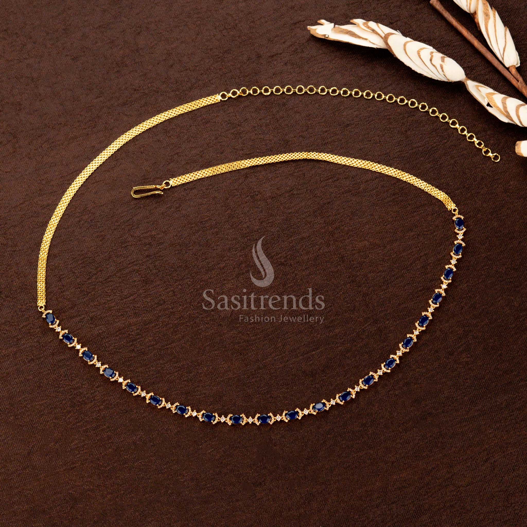 Royal blue American diamond gold-plated hip belt featuring dazzling stones, a sleek single-line design, and a regal touch—perfect for sarees and festive occasions - Sasitrends