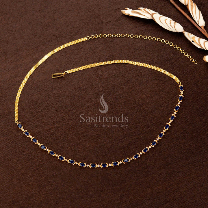 Royal blue American diamond gold-plated hip belt featuring dazzling stones, a sleek single-line design, and a regal touch—perfect for sarees and festive occasions - Sasitrends