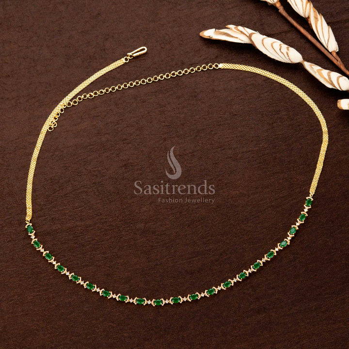 Emerald green gold-plated hip belt with shimmering American diamonds, elegant craftsmanship, and an adjustable fit—ideal for weddings and cultural celebrations - Sasitrends
