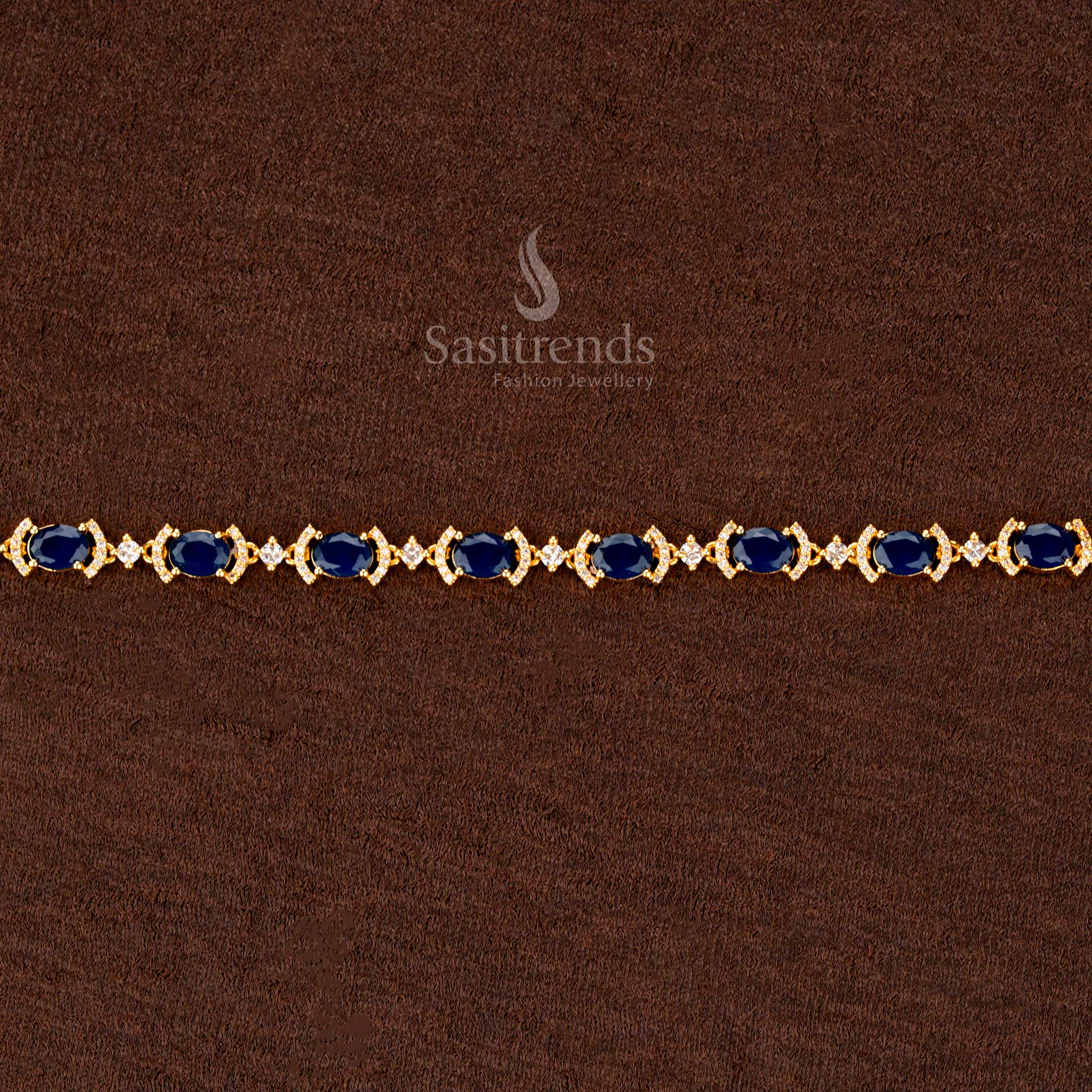 Elegant navy blue American diamond hip belt with a radiant gold polish, exquisite sparkle, and a versatile adjustable closure—ideal for ethnic saree looks and special events - Sasitrends