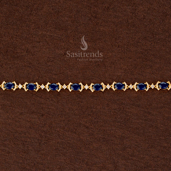 Elegant navy blue American diamond hip belt with a radiant gold polish, exquisite sparkle, and a versatile adjustable closure—ideal for ethnic saree looks and special events - Sasitrends