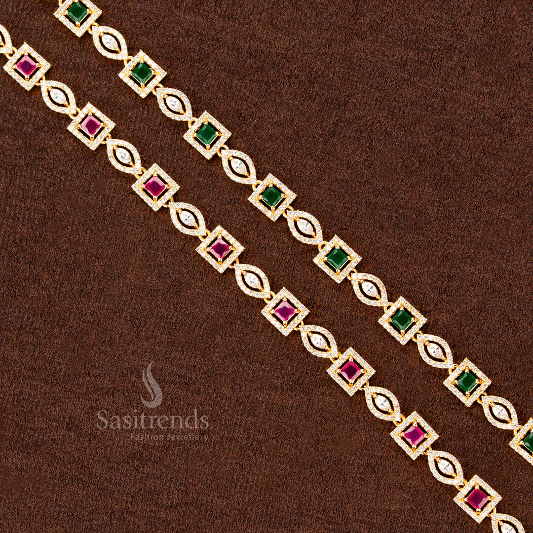 Exquisite gold-plated waist chain with shimmering American diamonds, an elegant square and navette stone motif, and an ornate craftsmanship—ideal for traditional weddings and grand occasions - Sasitrends