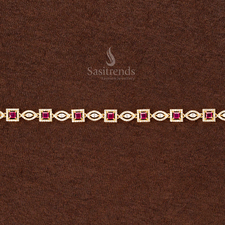 Dazzling ruby American diamond gold-plated single-line hip belt featuring sparkling square and navette stones, an intricate design, and a luxurious finish—perfect for festive sarees and bridal fashion - Sasitrends